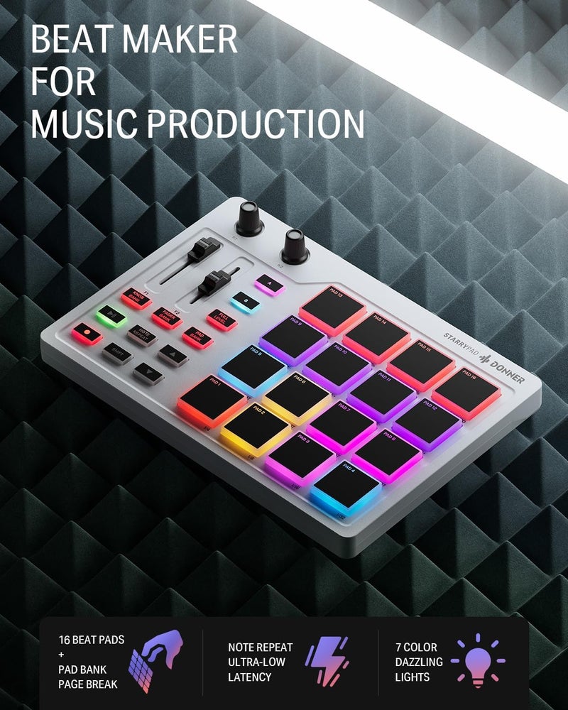 Donner آلة صنع الإيقاع MIDI Pad Beat Maker Professional، آلة الطبول مع 16 لوحة إيقاع، 2 فادر وقبضات قابلة للتخصيص وبرنامج إنتاج الموسيقى، وحدة تحكم USB MIDI مع 40 دورة، STARRYPAD أبيض - Image 2